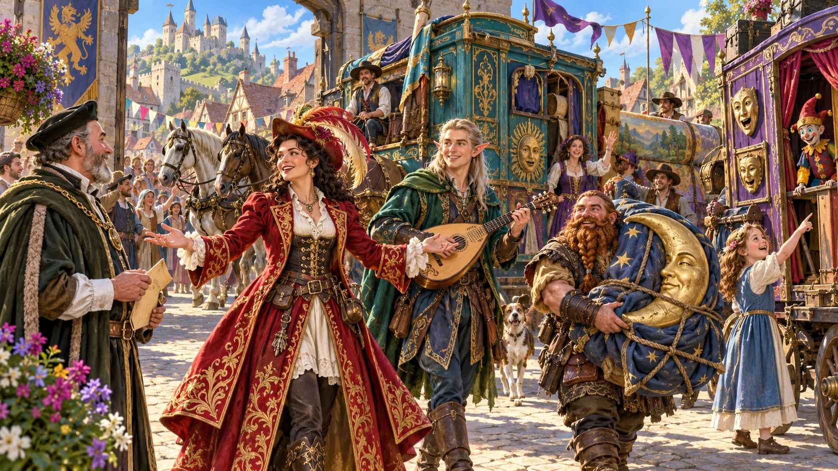 Illustrated fantasy performers arrive in town with decorated wagons, costumes, puppets and a musician.