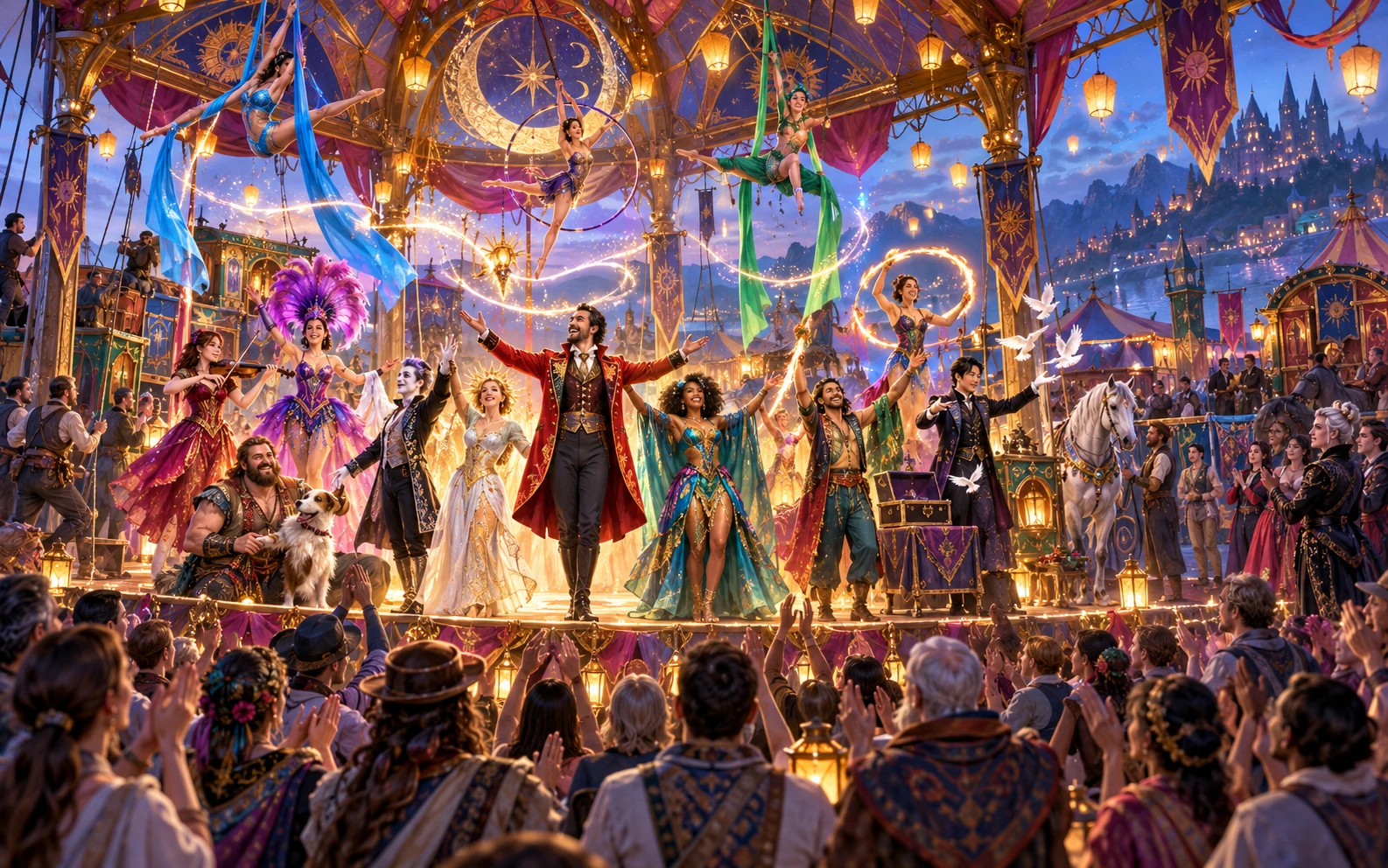 An illustrated fantasy performance company presents an evening finale with aerial acts, lanterns, musicians and an audience.