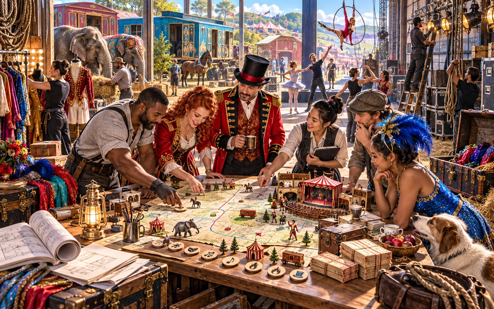 An illustrated show company plans a tour around a map backstage with props, performers, animals and rigging.